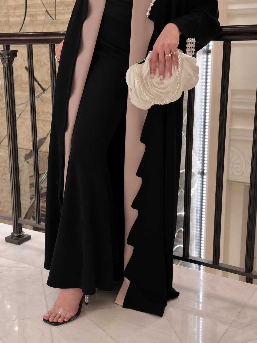 The Pearl Wave Scalloped Abaya – Two-Tone Open Front Edition