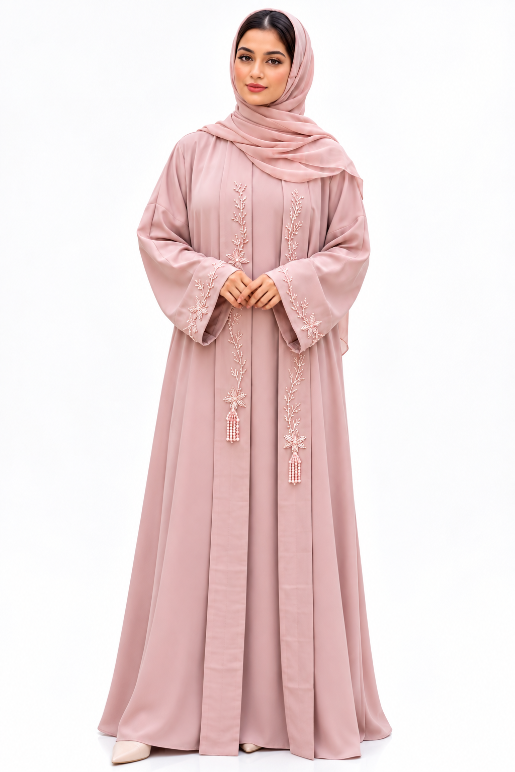 Dusty Rose Hand-Embroidered Pearl Abaya Set | 3-Piece Luxury Modest Wear