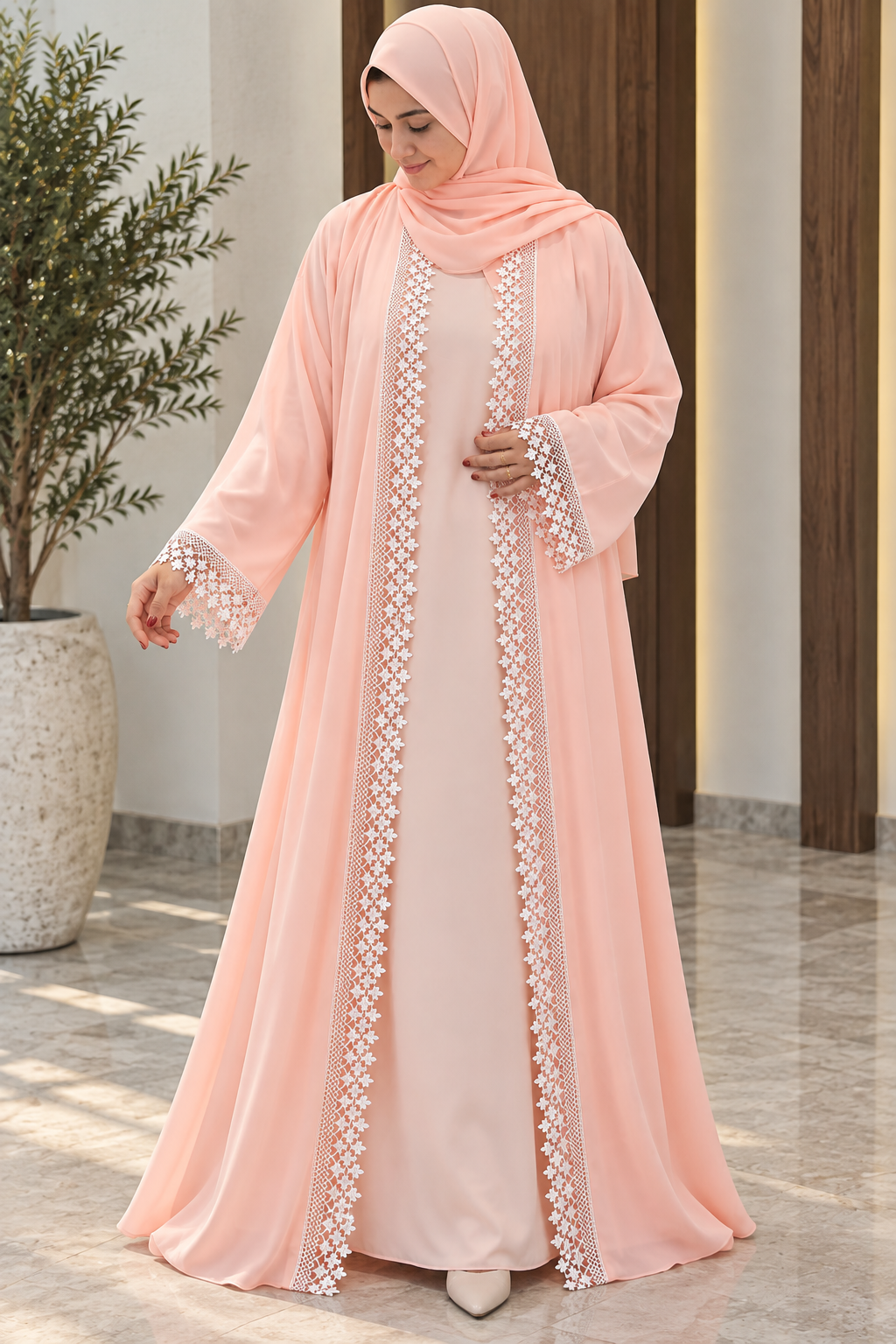 Peach Blush Korean Nida Open Abaya Set | 3-Piece Floral Lace Modest Co-ord