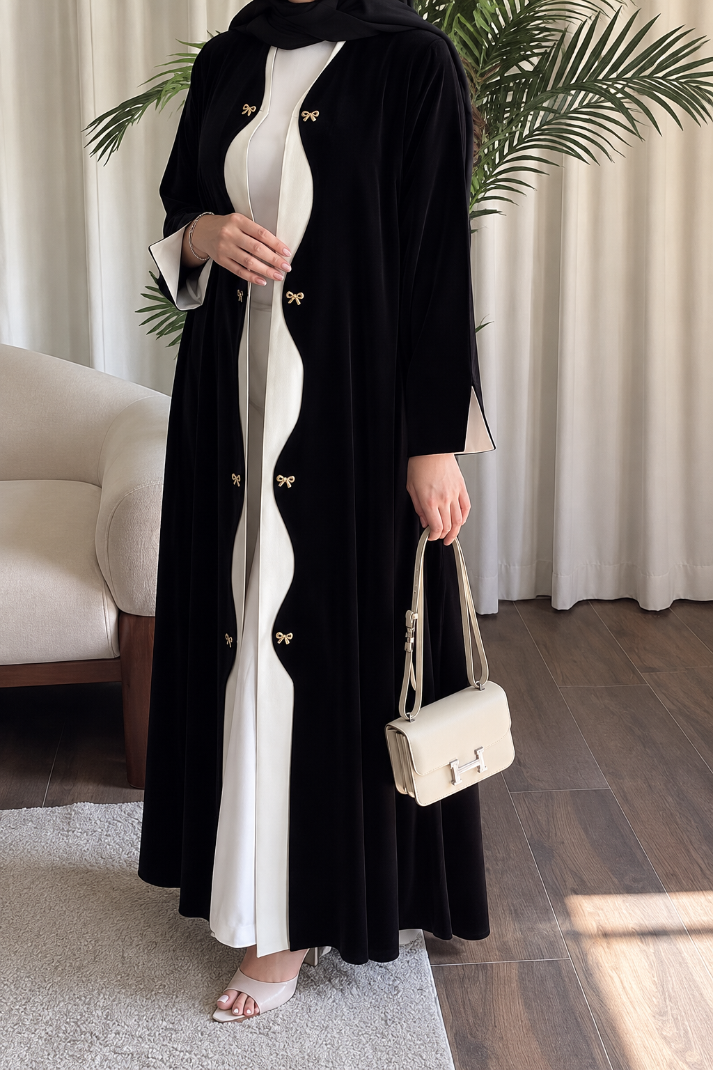 Black Korean Velvet Scalloped Abaya with Gold Bows