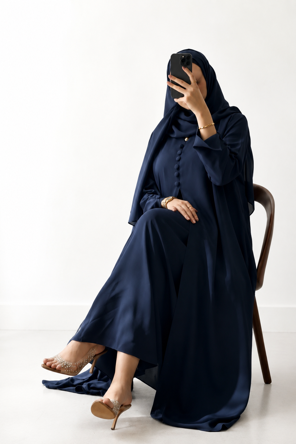 The Navy Blue Button-Front 3-Piece Abaya Set (With Matching Inner)