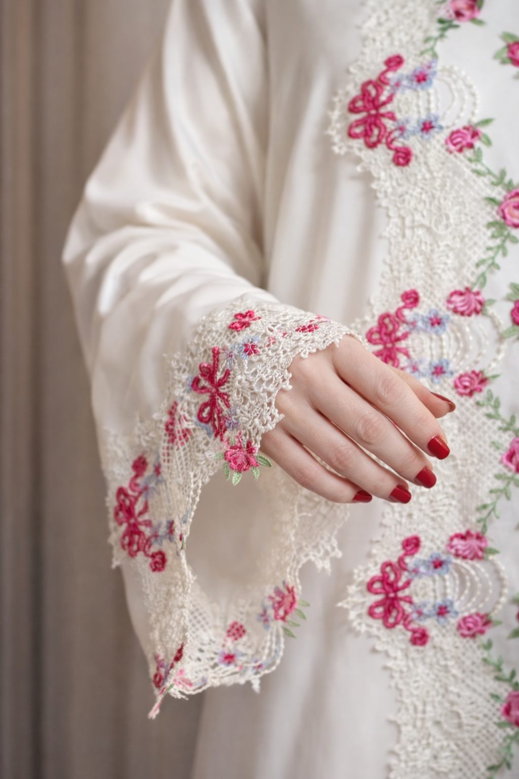 Ivory White Bloom Open Abaya with Pastel Lace