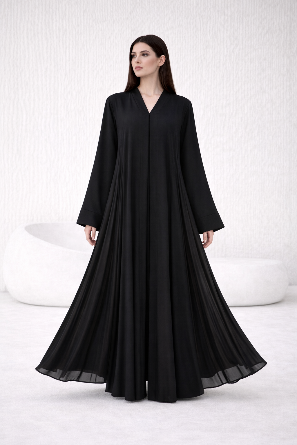 Signature Pleated Open Abaya – Fluid Black