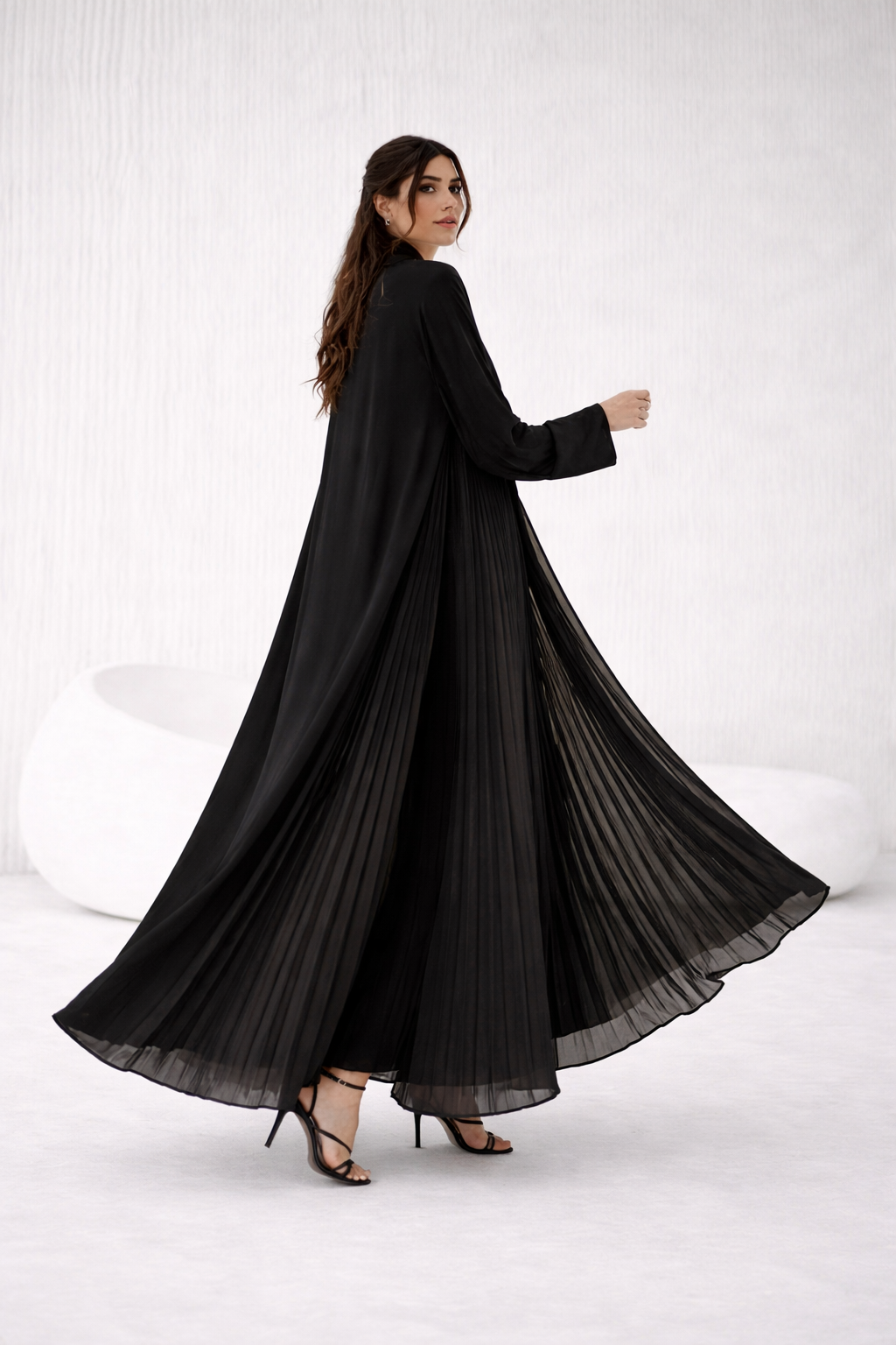Signature Pleated Open Abaya – Fluid Black