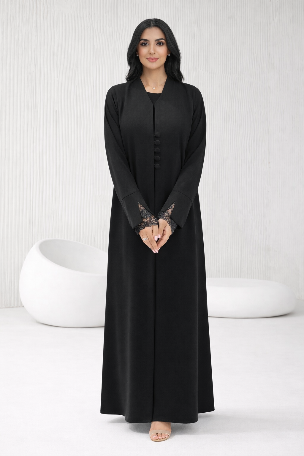 Luxury Tailored Buttoned Front-Open Abaya – Black