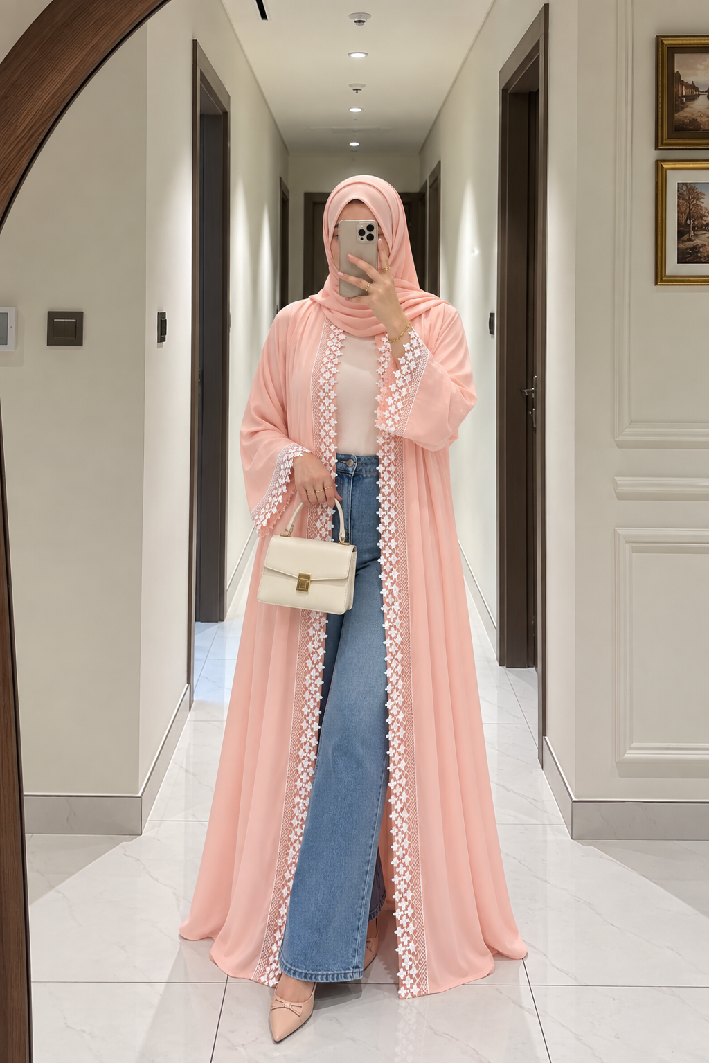 Peach Blush Korean Nida Open Abaya Set | 3-Piece Floral Lace Modest Co-ord