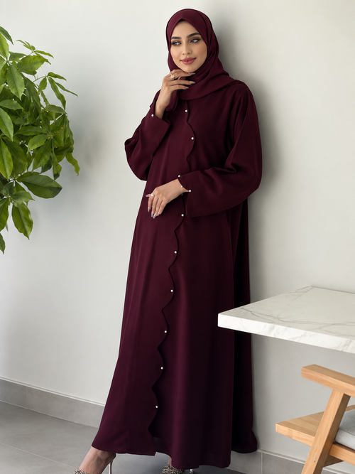 Burgundy Elegance: Pearl-Embellished Scalloped Abaya Set
