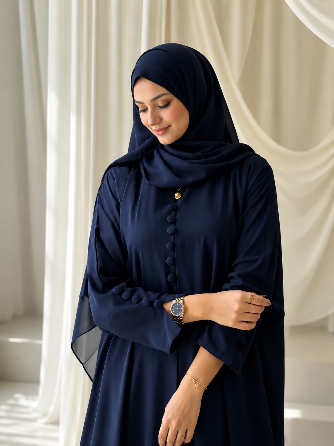 The Navy Blue Button-Front 3-Piece Abaya Set (With Matching Inner)