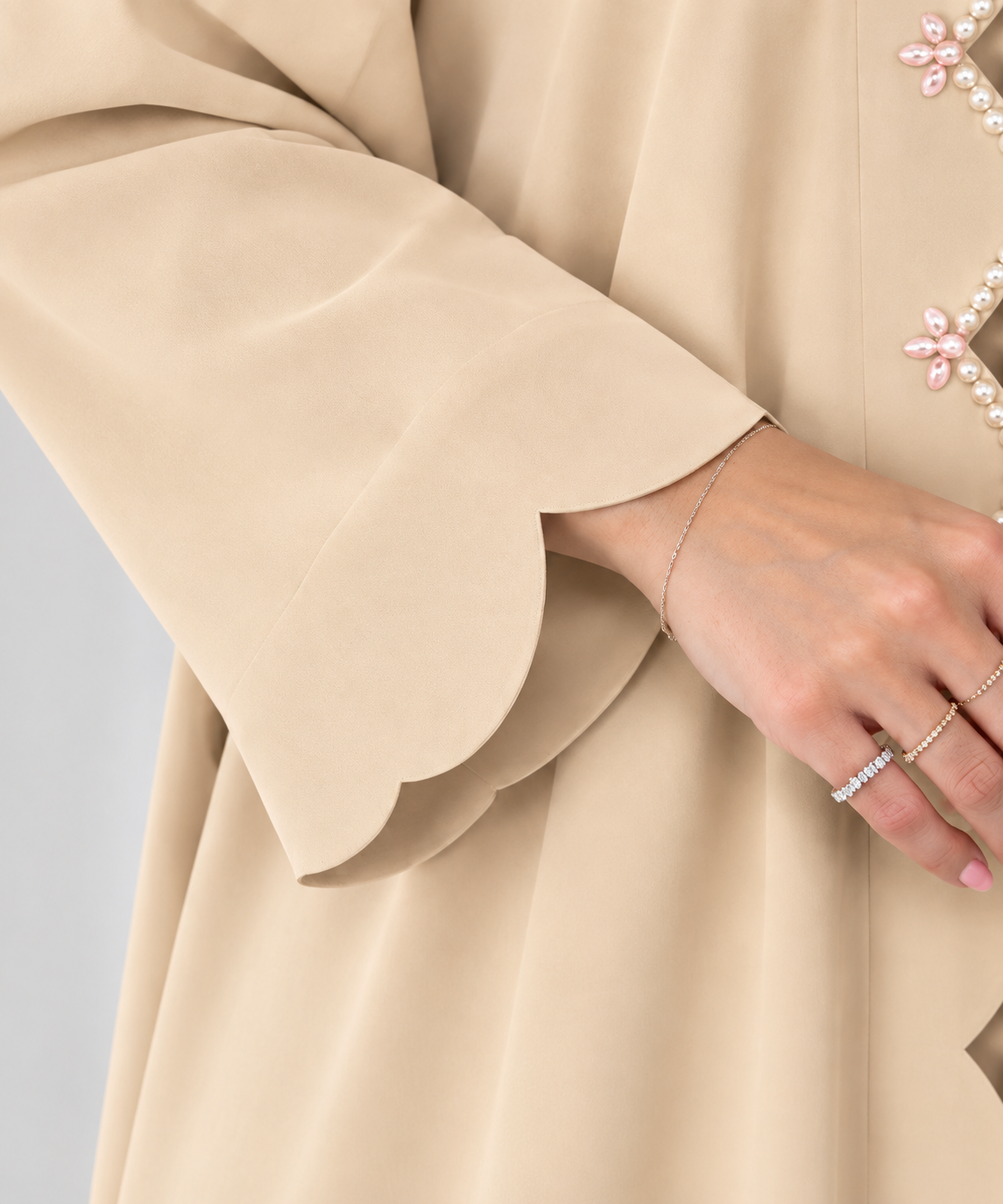 Beige Pearl-Detailed Scallop Abaya Set