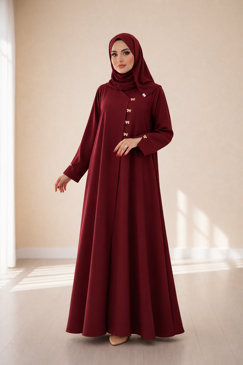 Luxury Bow Buttoned Front Open Abaya Set (With Scarf) – Maroon