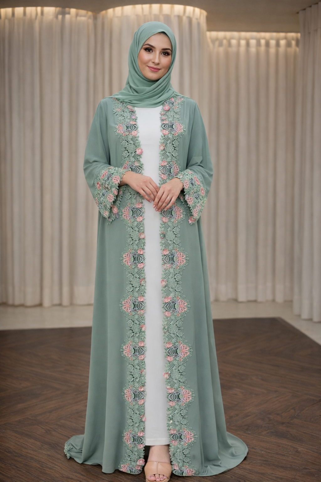 Luxury Floral Embroidered Lace Abaya Set — Sage Green