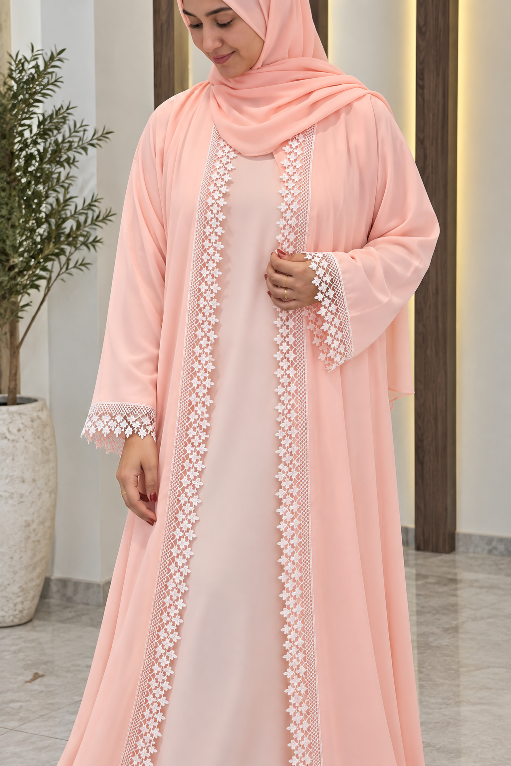 Peach Blush Korean Nida Open Abaya Set | 3-Piece Floral Lace Modest Co-ord