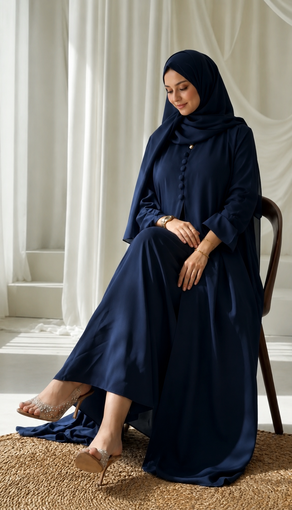 The Navy Blue Button-Front 3-Piece Abaya Set (With Matching Inner)