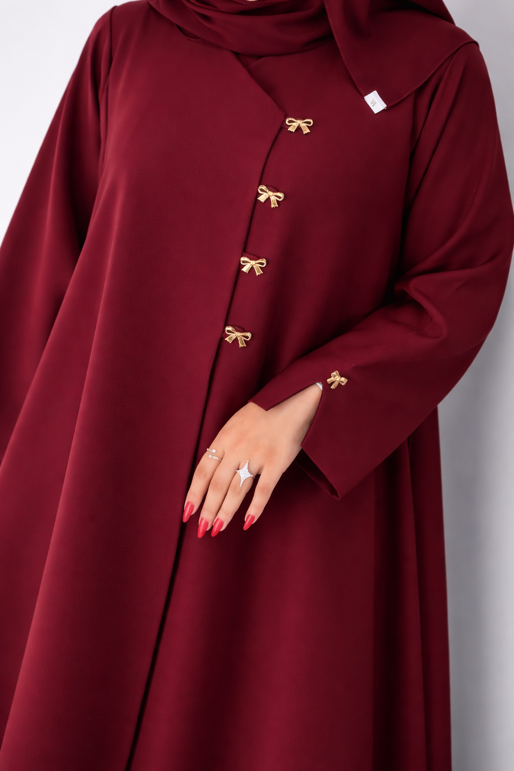 Luxury Bow Buttoned Front Open Abaya Set (With Scarf) – Maroon