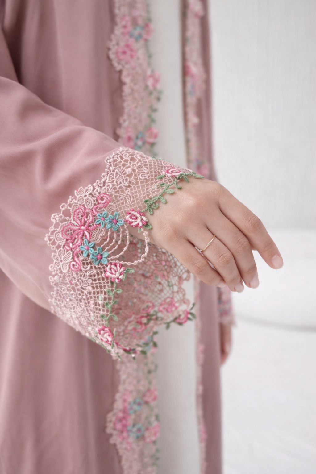 Two-Piece Open Abaya with white Slip — Dusty Blush (Peach)