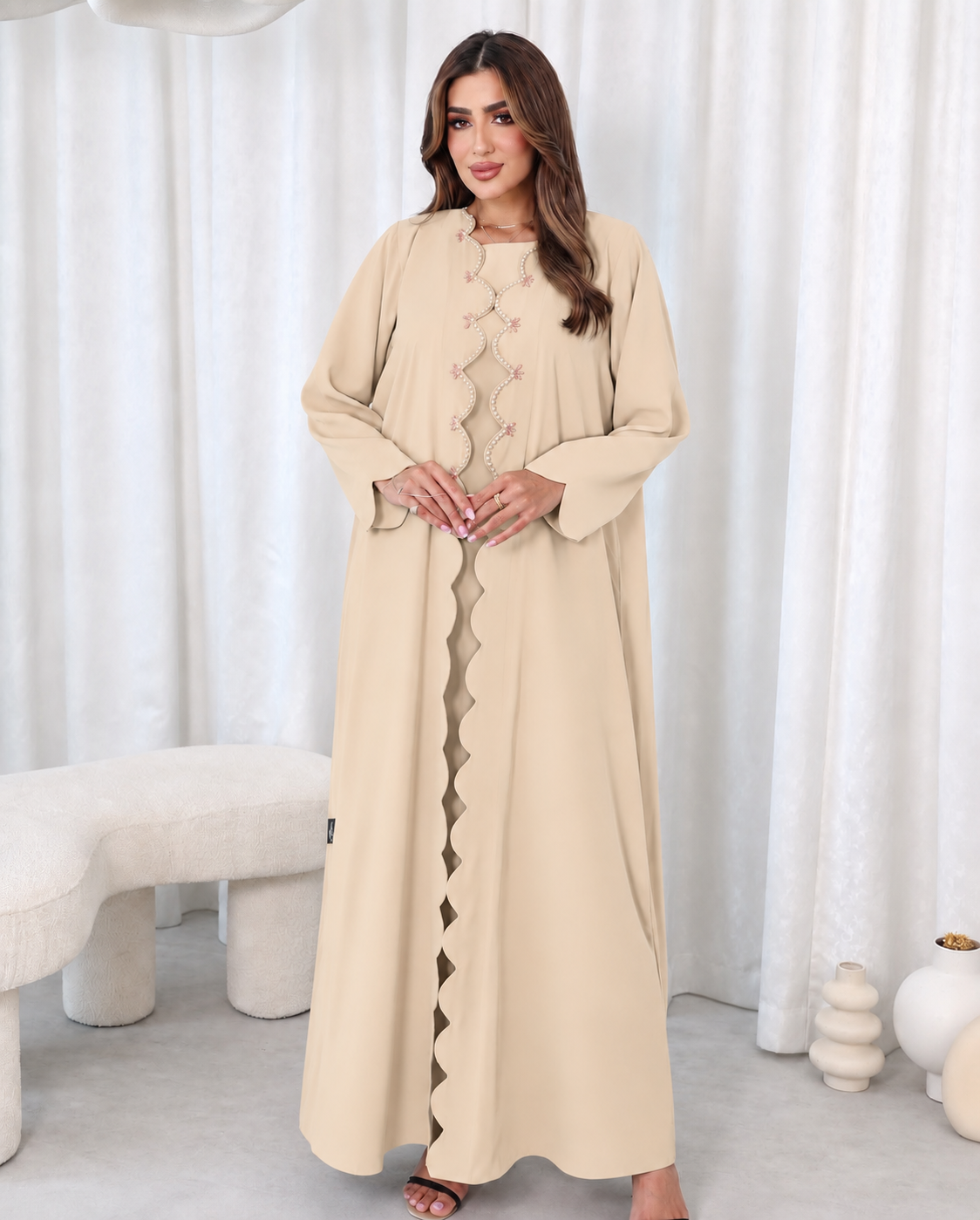 Beige Pearl-Detailed Scallop Abaya Set