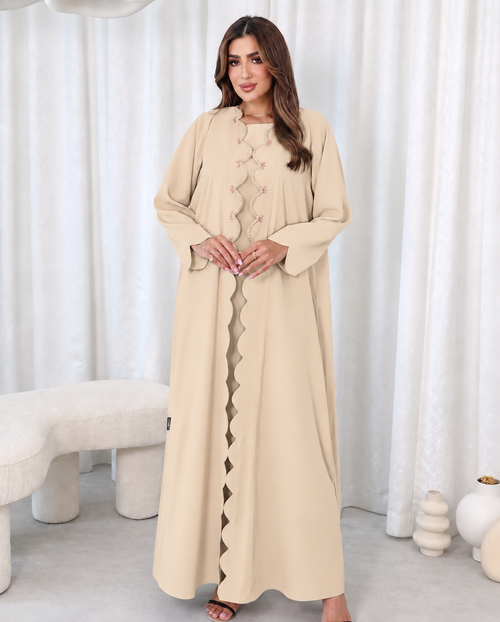Beige Pearl-Detailed Scallop Abaya Set