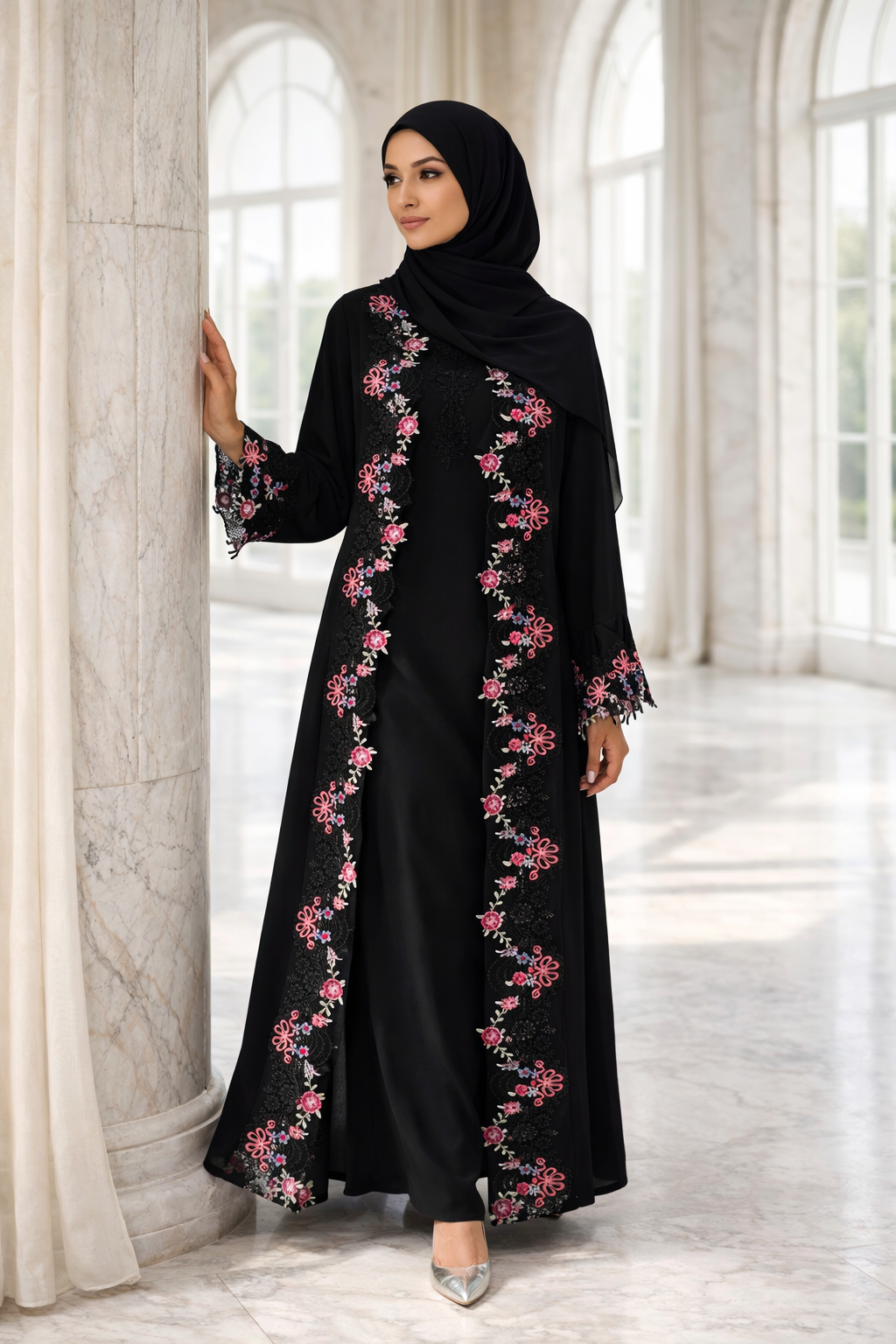 Luxury Floral Embroidered Lace Abaya Set (With Inner & Scarf) – Black