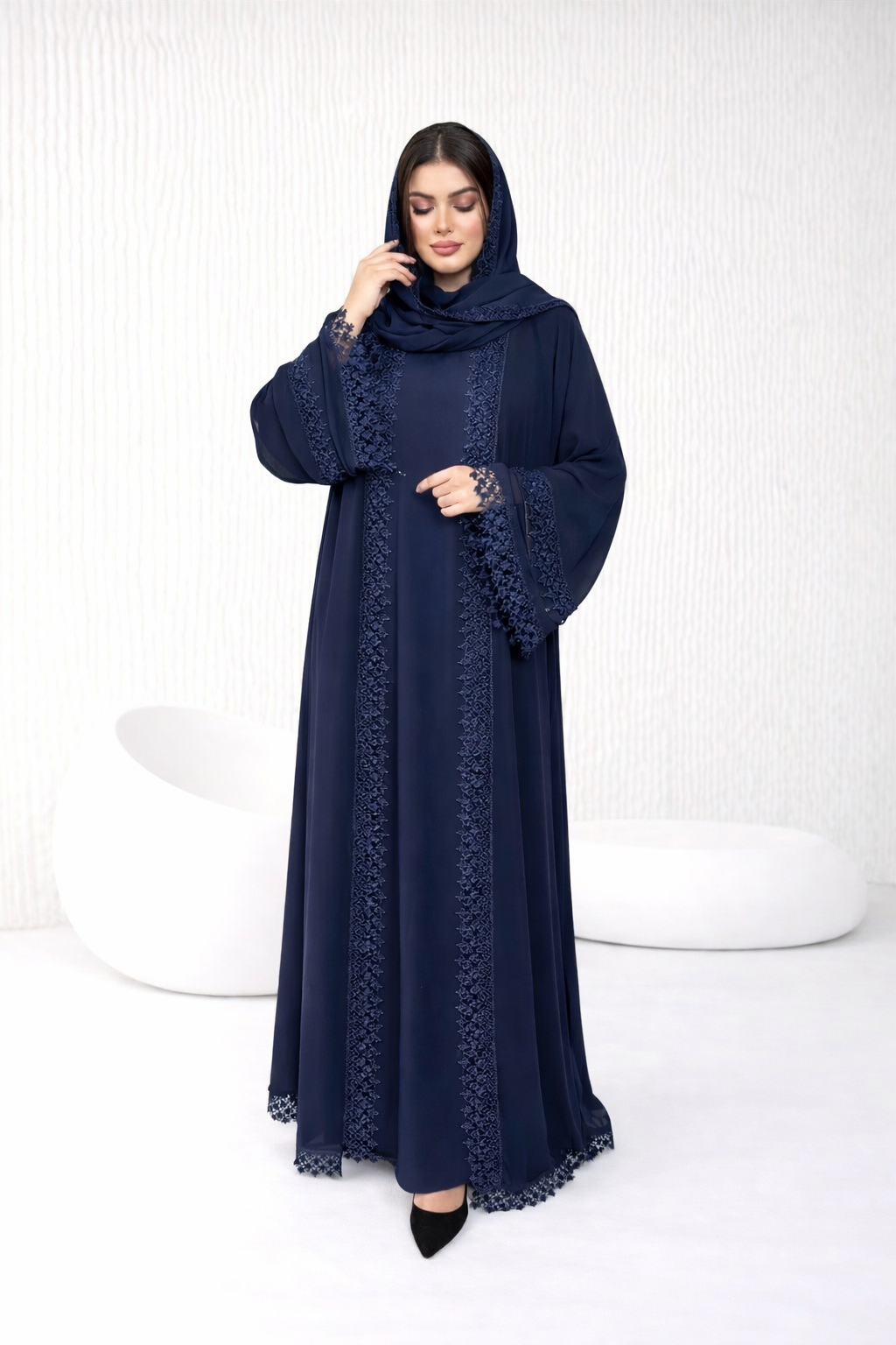 Navy Blue Lace-Embellished Abaya Set