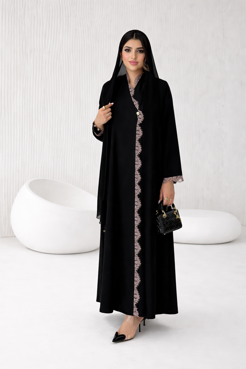 Black Abaya with Elegant Beige Lace