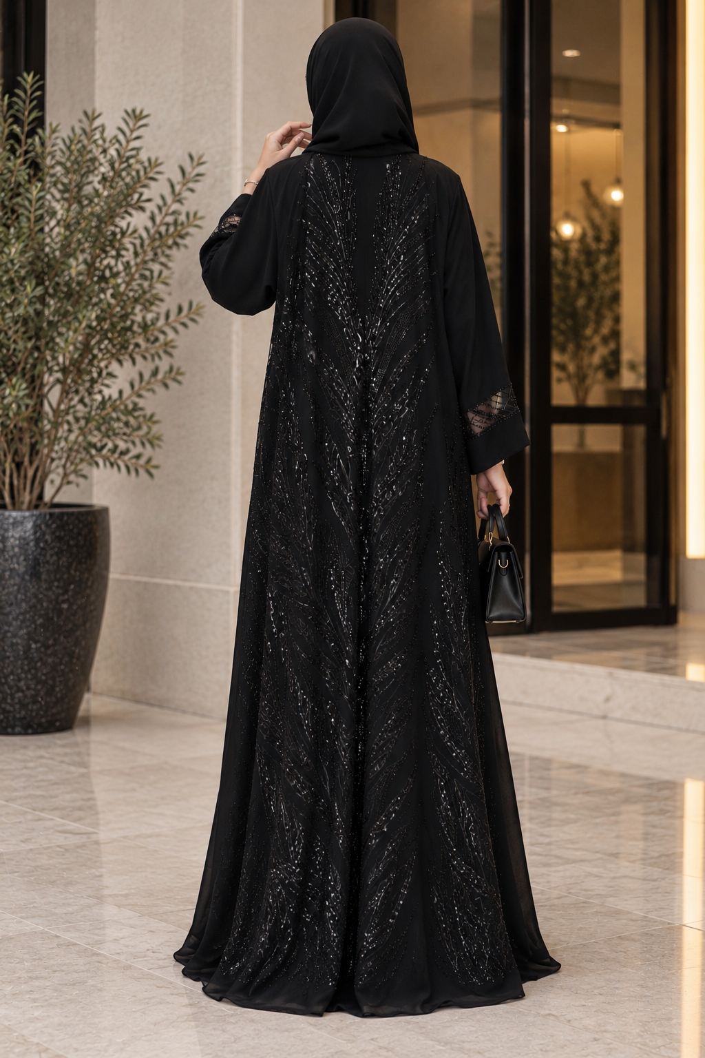 Layla Sequin Branch Embroidered Evening Abaya Set