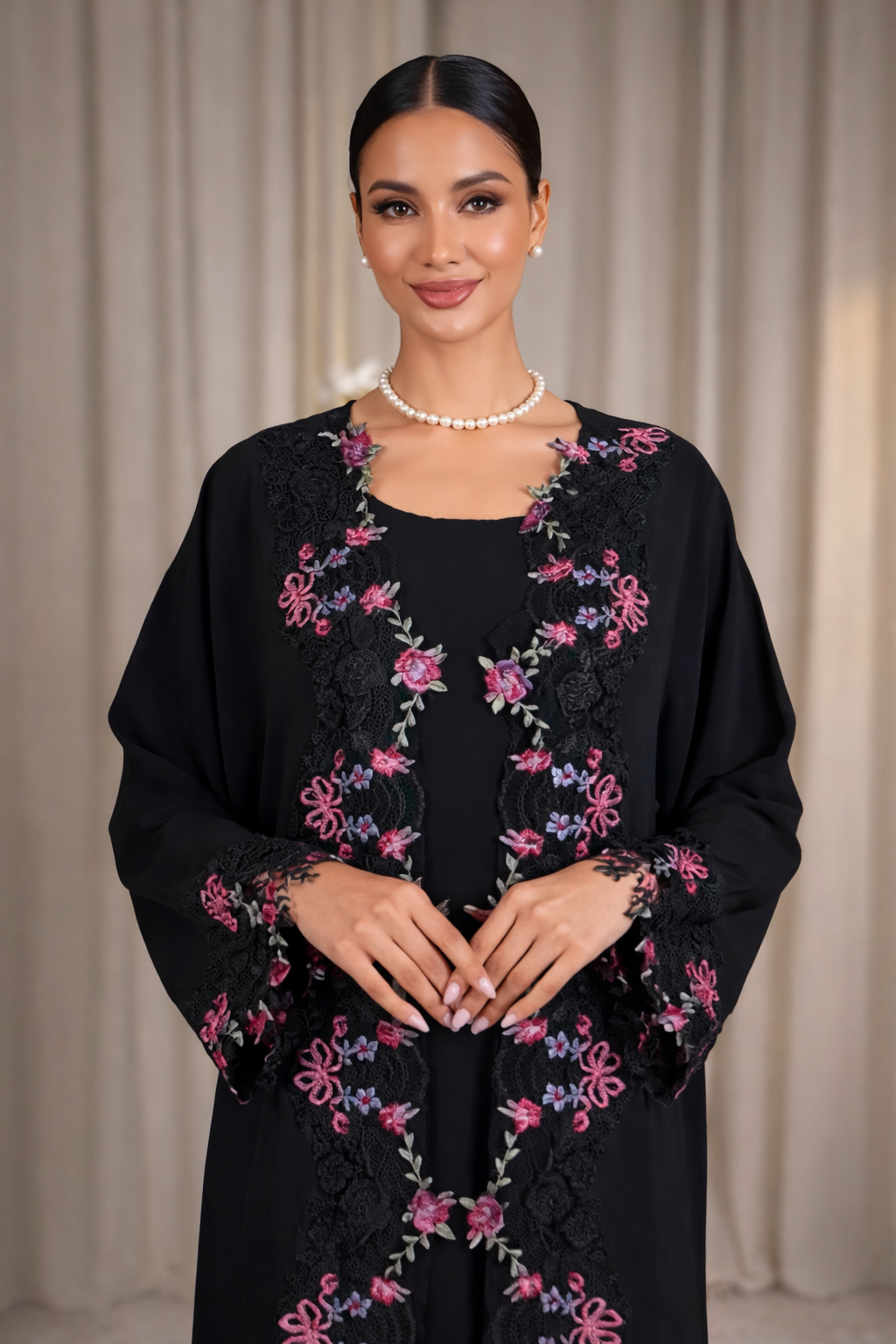 Luxury Floral Embroidered Lace Abaya Set (With Inner & Scarf) – Black