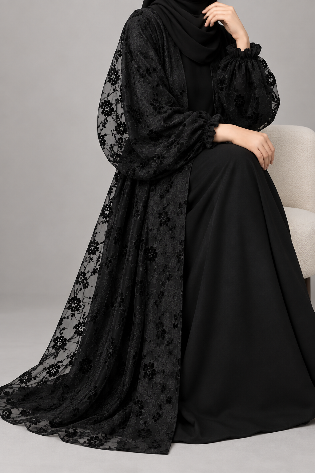 Black Floral Tulle Overlay Abaya Set