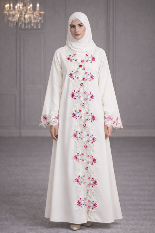 Ivory White Bloom Open Abaya with Pastel Lace