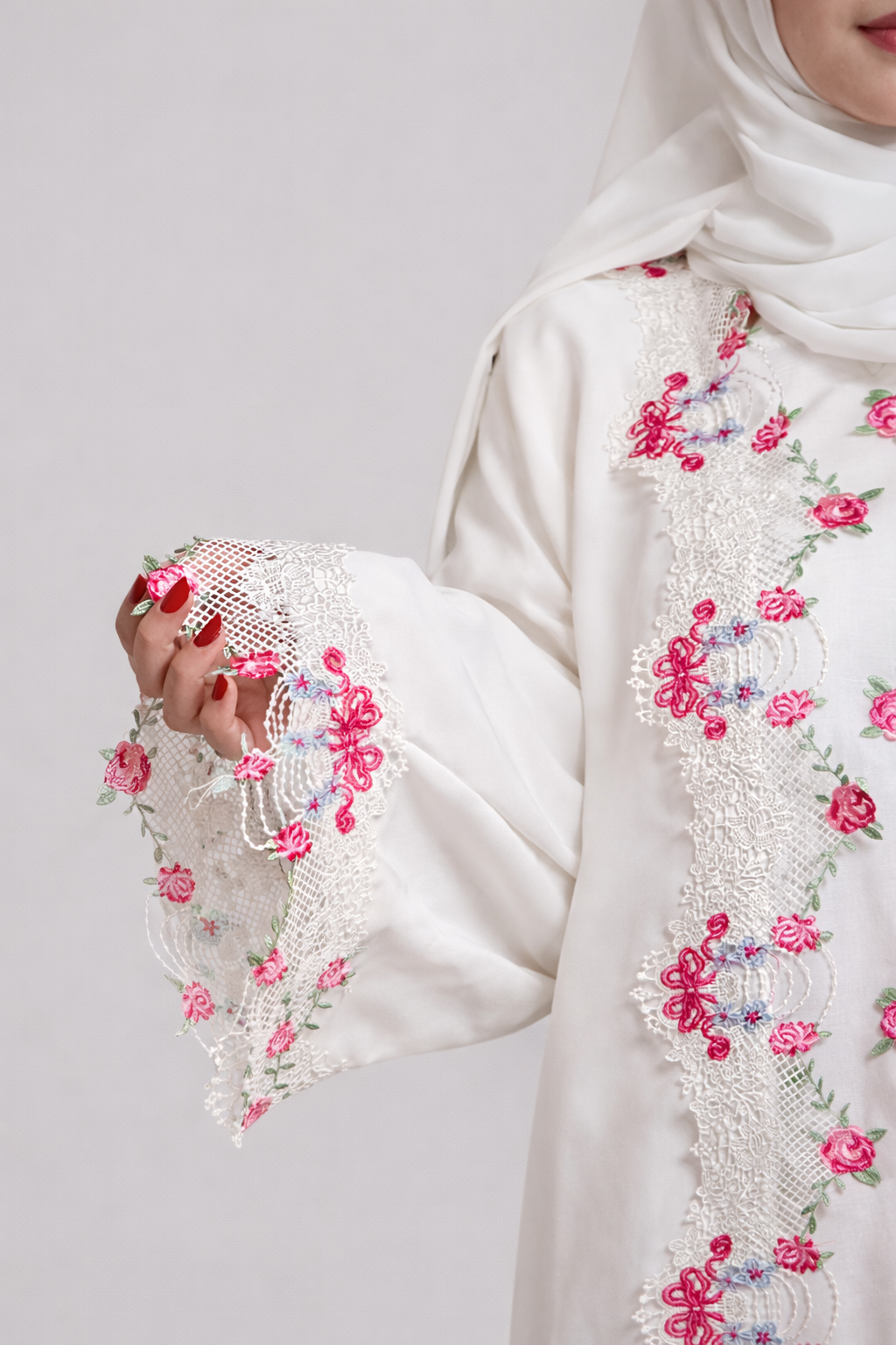Ivory White Bloom Open Abaya with Pastel Lace