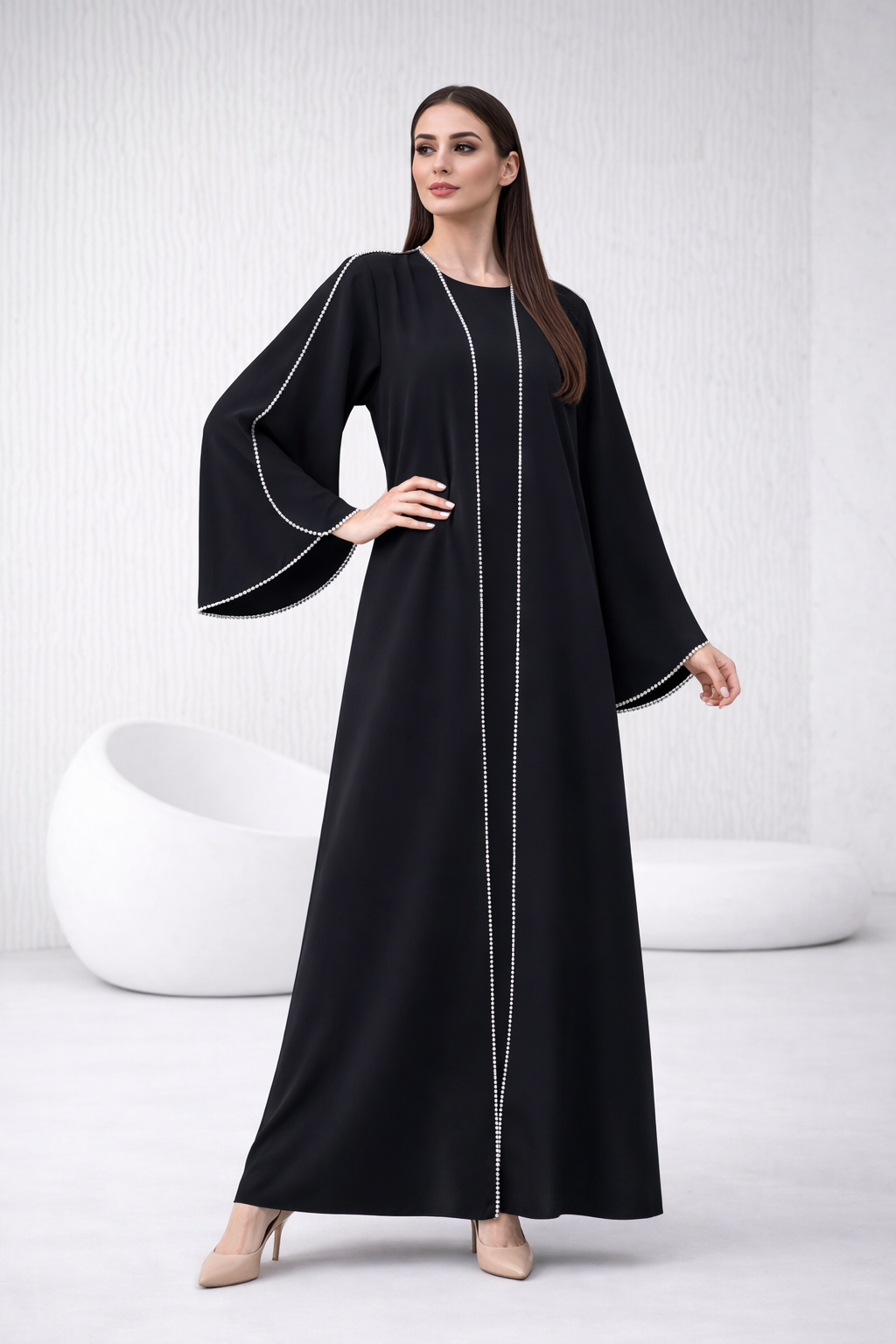Pearl-Trim Closed Bell Sleeve Abaya – Black