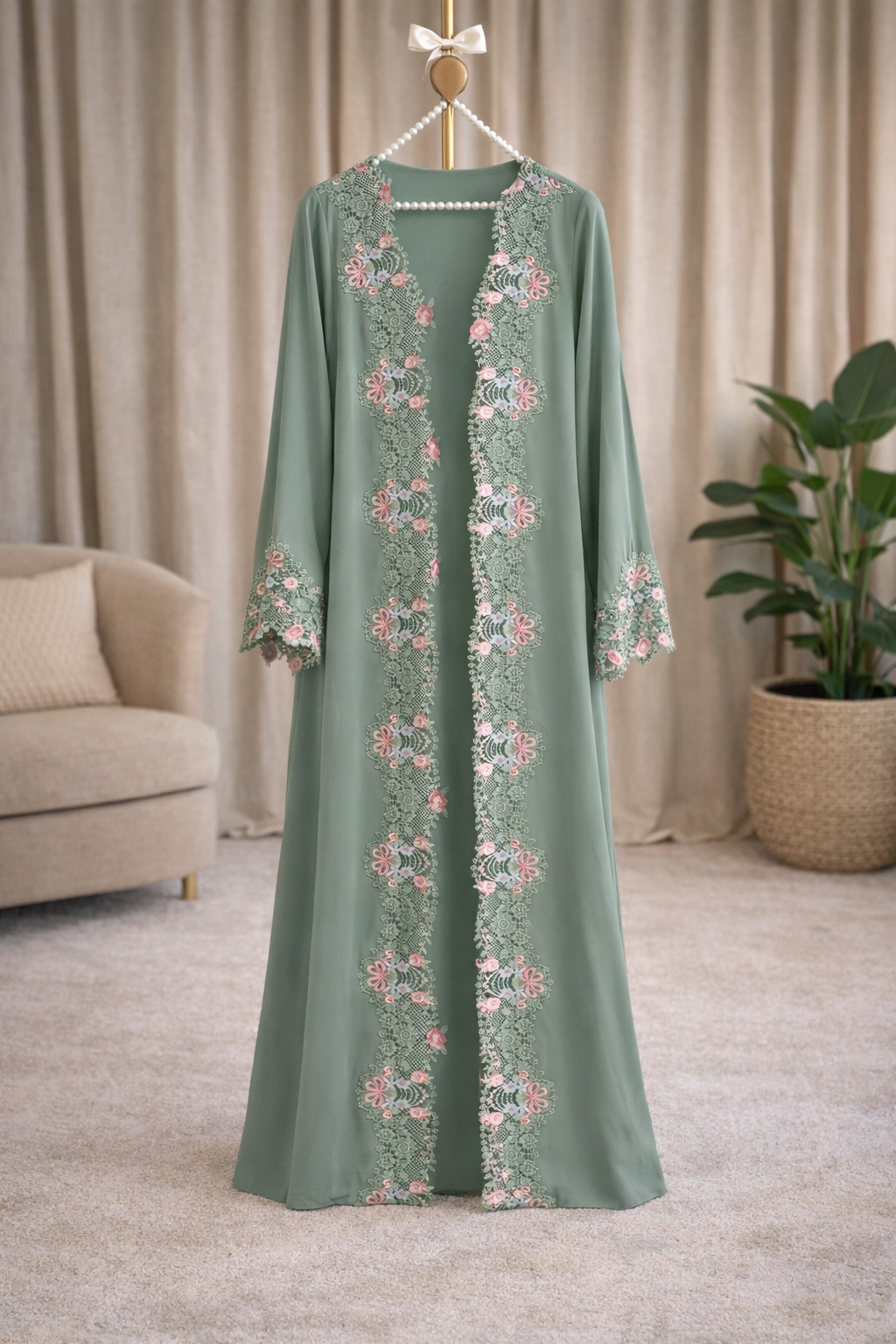 Luxury Floral Embroidered Lace Abaya Set — Sage Green