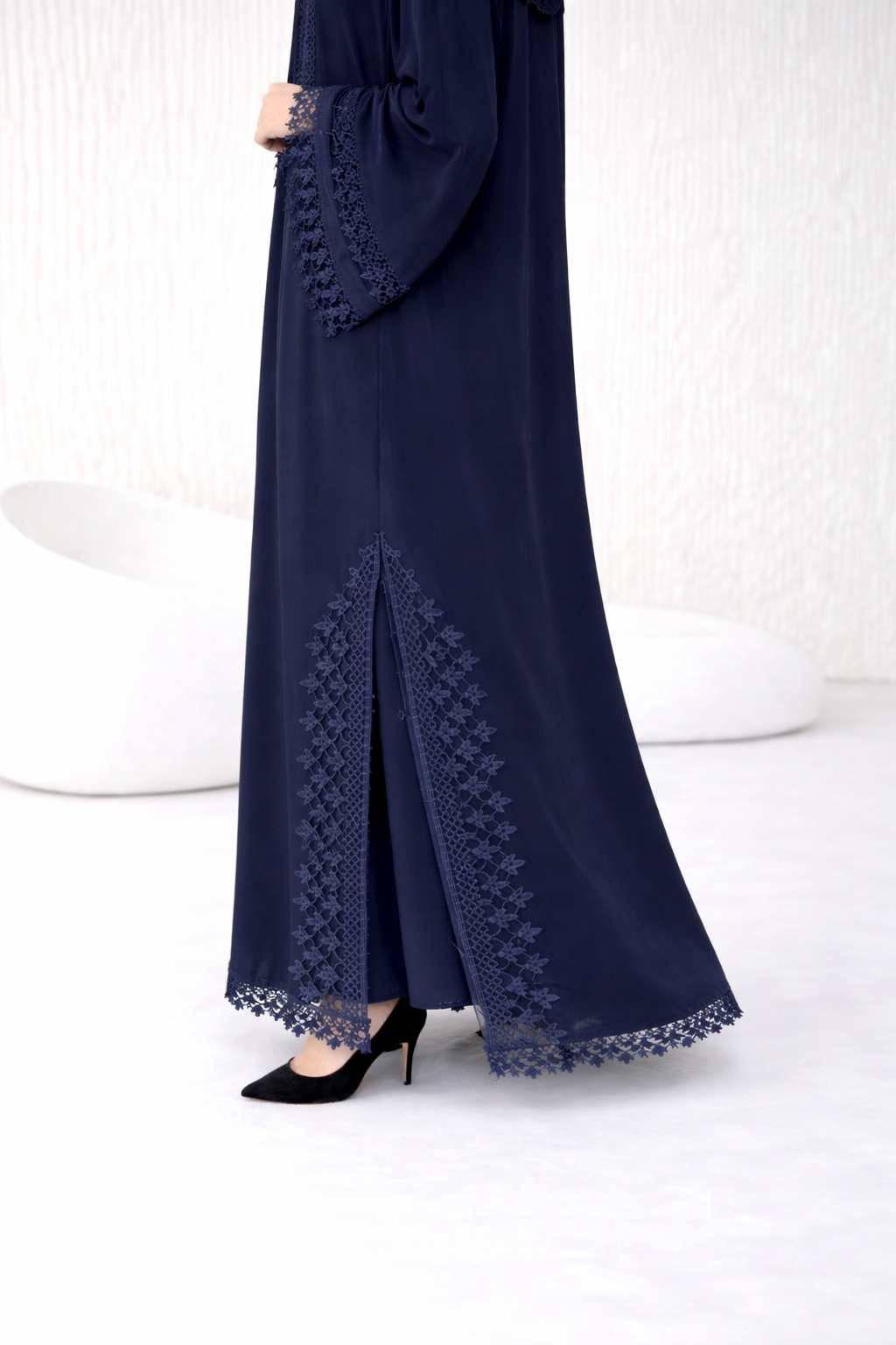 Navy Blue Lace-Embellished Abaya Set