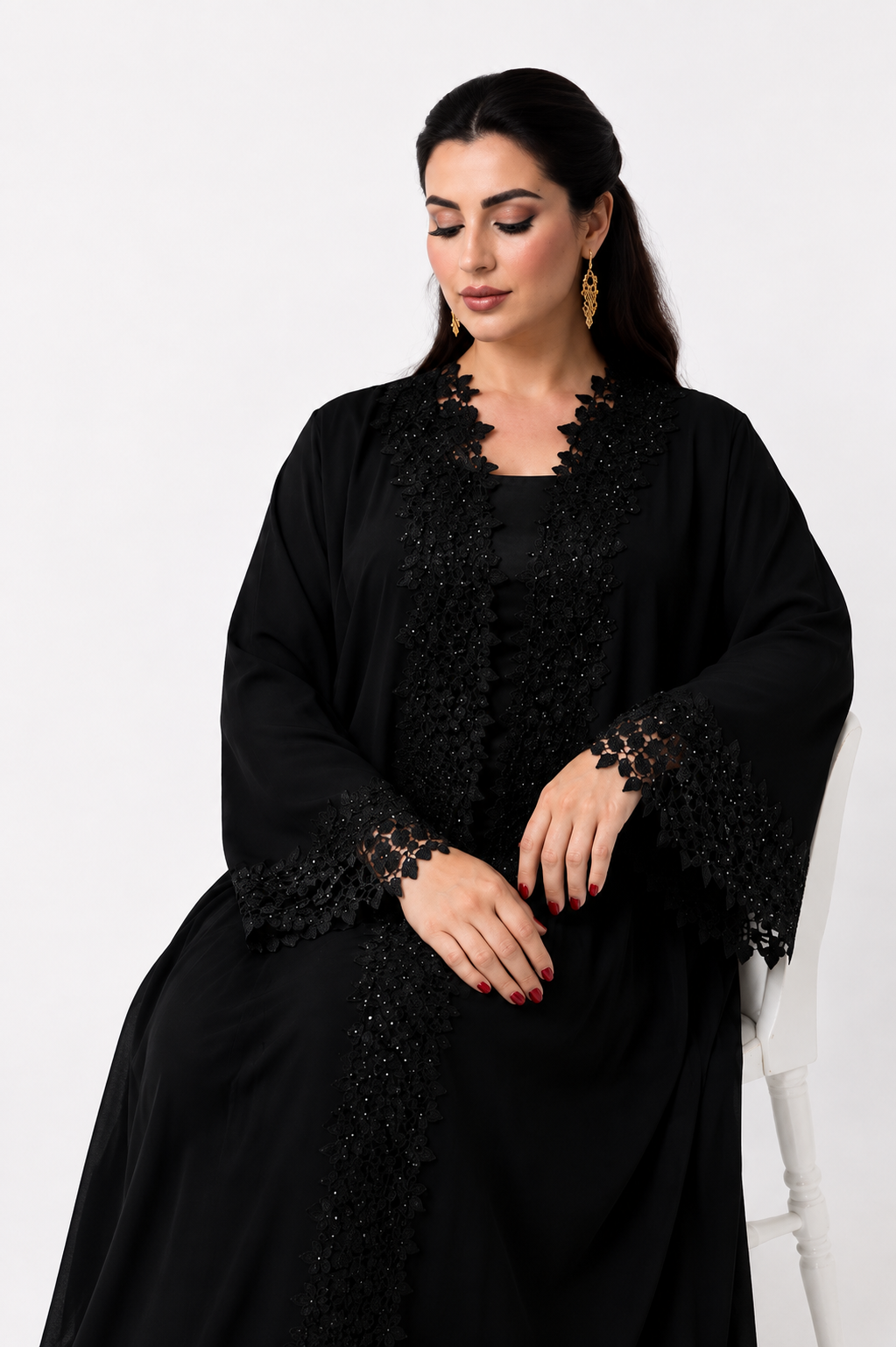 Black Elegance: Stone-Embellished Leaf Lace Abaya