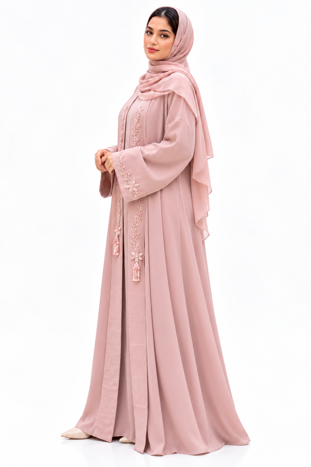 Dusty Rose Hand-Embroidered Pearl Abaya Set | 3-Piece Luxury Modest Wear