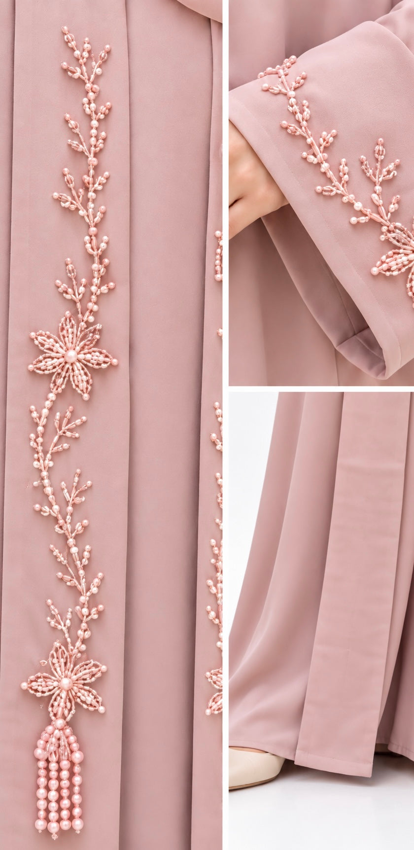 Dusty Rose Hand-Embroidered Pearl Abaya Set | 3-Piece Luxury Modest Wear