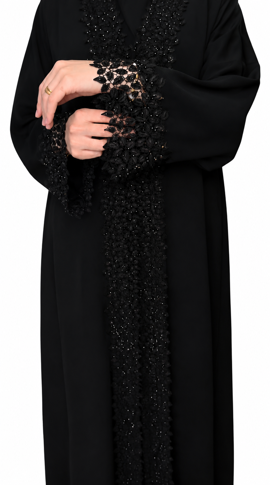 Black Elegance: Stone-Embellished Leaf Lace Abaya