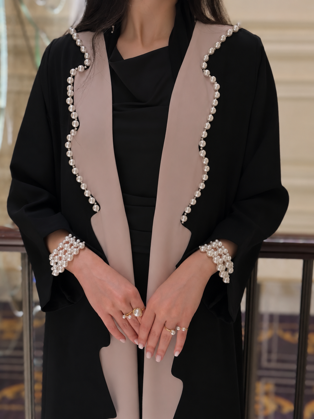The Pearl Wave Scalloped Abaya – Two-Tone Open Front Edition