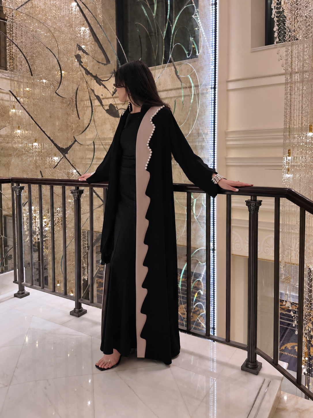 The Pearl Wave Scalloped Abaya – Two-Tone Open Front Edition