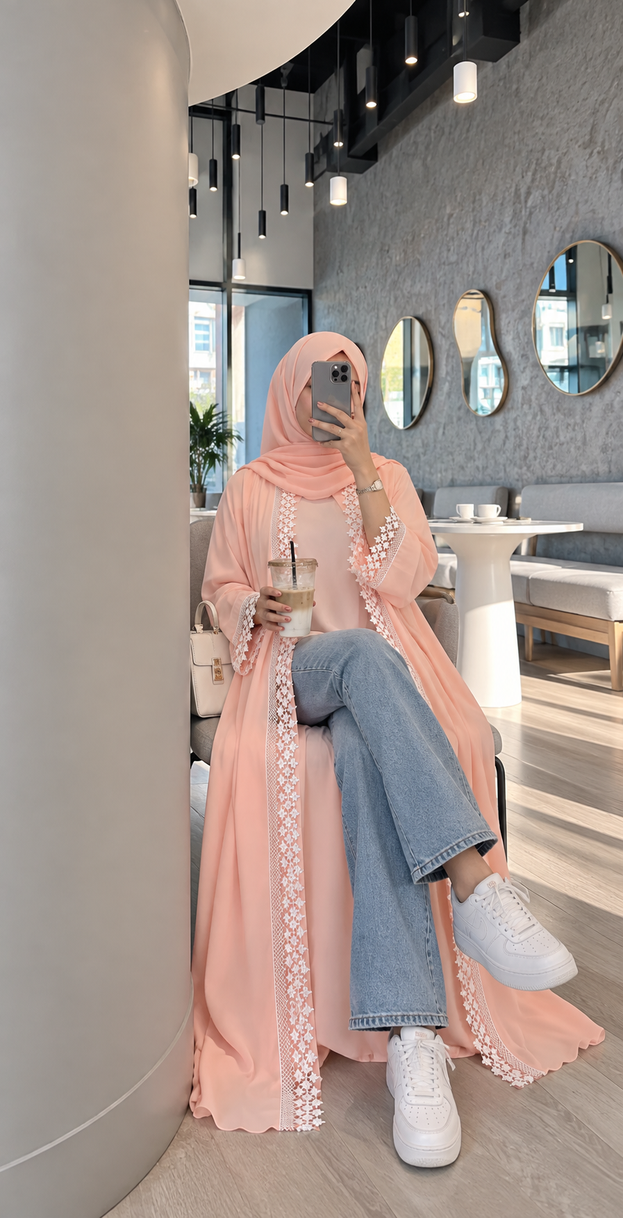 Peach Blush Korean Nida Open Abaya Set | 3-Piece Floral Lace Modest Co-ord