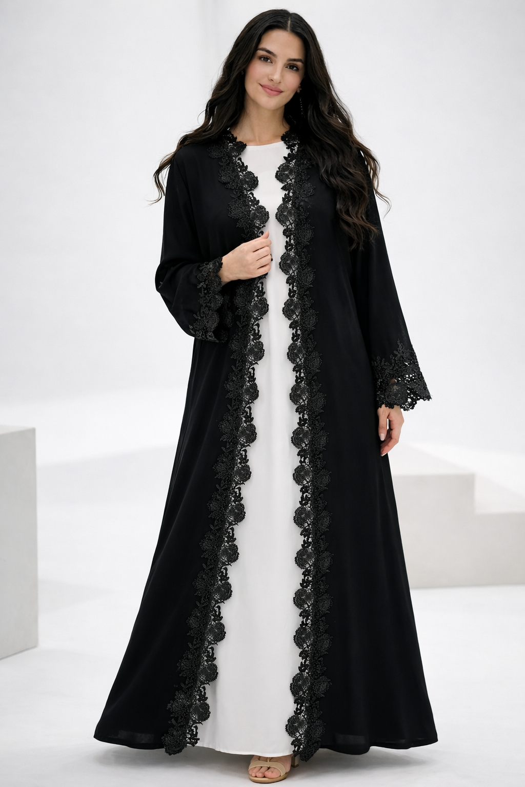 Luxury Lace Panel Front Open Abaya Set – Classic Black (With Inner)