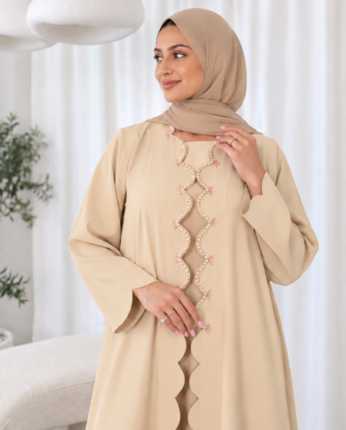 Beige Pearl-Detailed Scallop Abaya Set