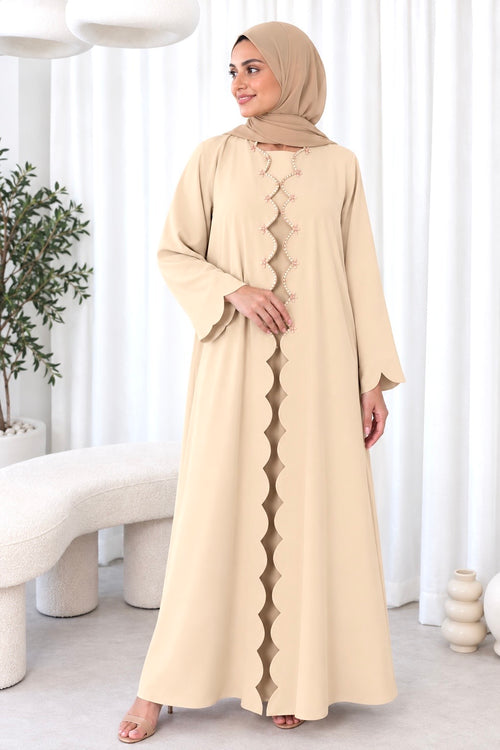 Beige Pearl-Detailed Scallop Abaya Set