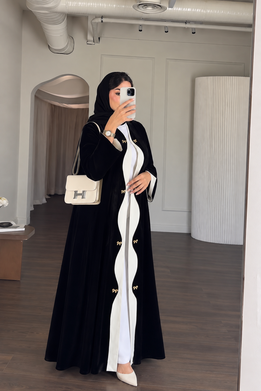Black Korean Velvet Scalloped Abaya with Gold Bows