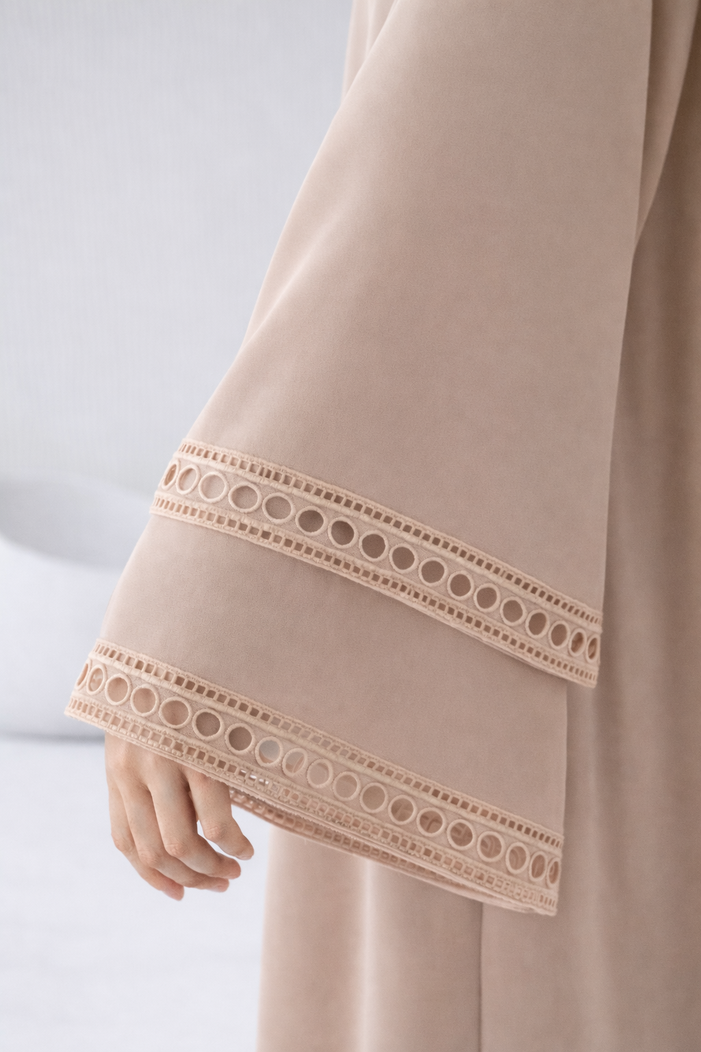 Beige Crochet Trim Open Abaya Set