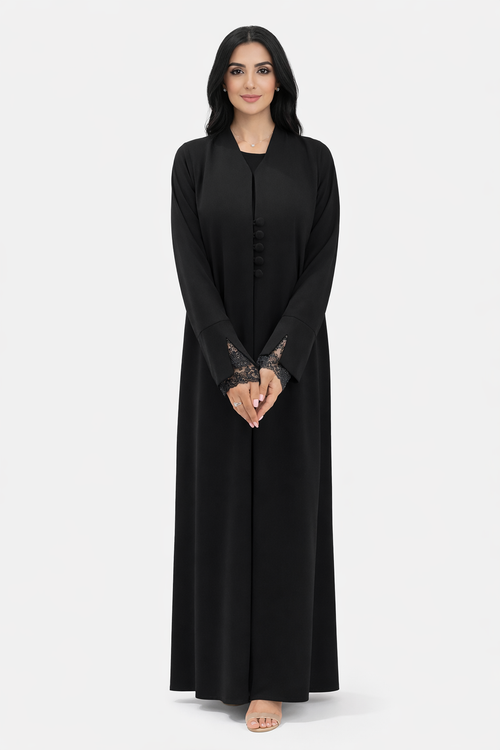Luxury Tailored Buttoned Front-Open Abaya – Black