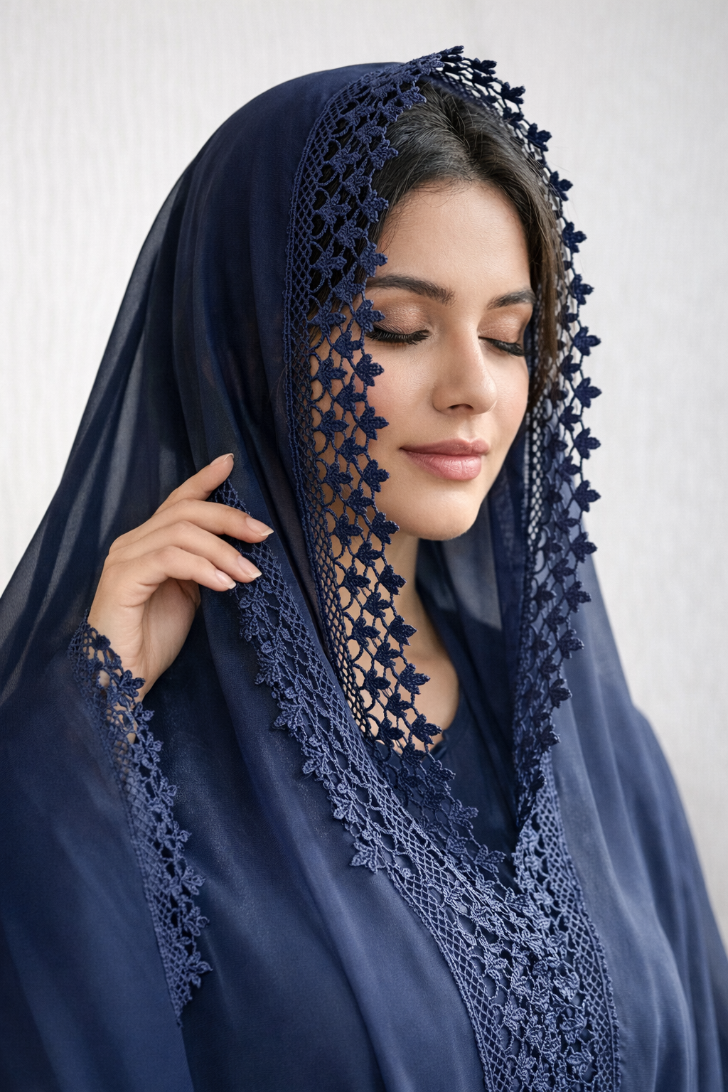 Navy Blue Lace-Embellished Abaya Set