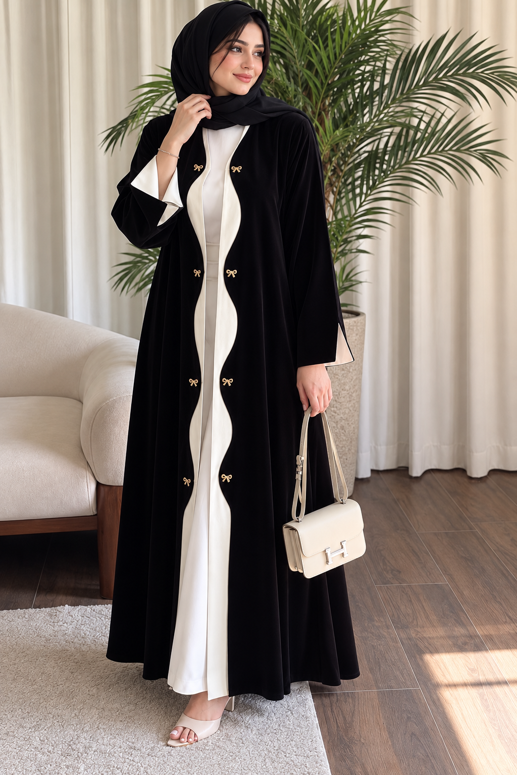 Black Korean Velvet Scalloped Abaya with Gold Bows
