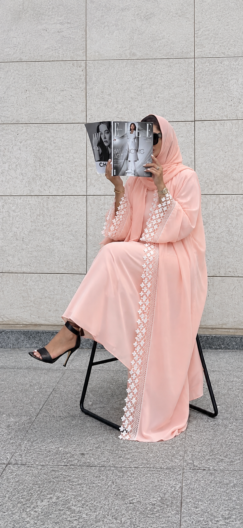 Peach Blush Korean Nida Open Abaya Set | 3-Piece Floral Lace Modest Co-ord