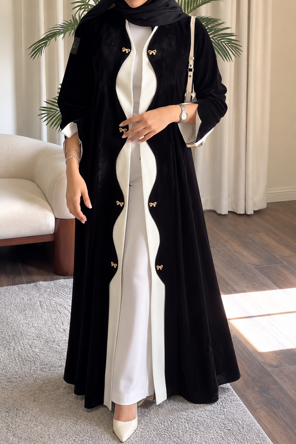 Black Korean Velvet Scalloped Abaya with Gold Bows