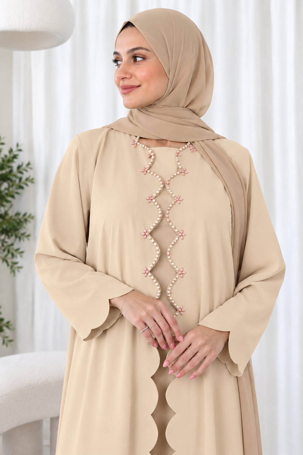 Beige Pearl-Detailed Scallop Abaya Set